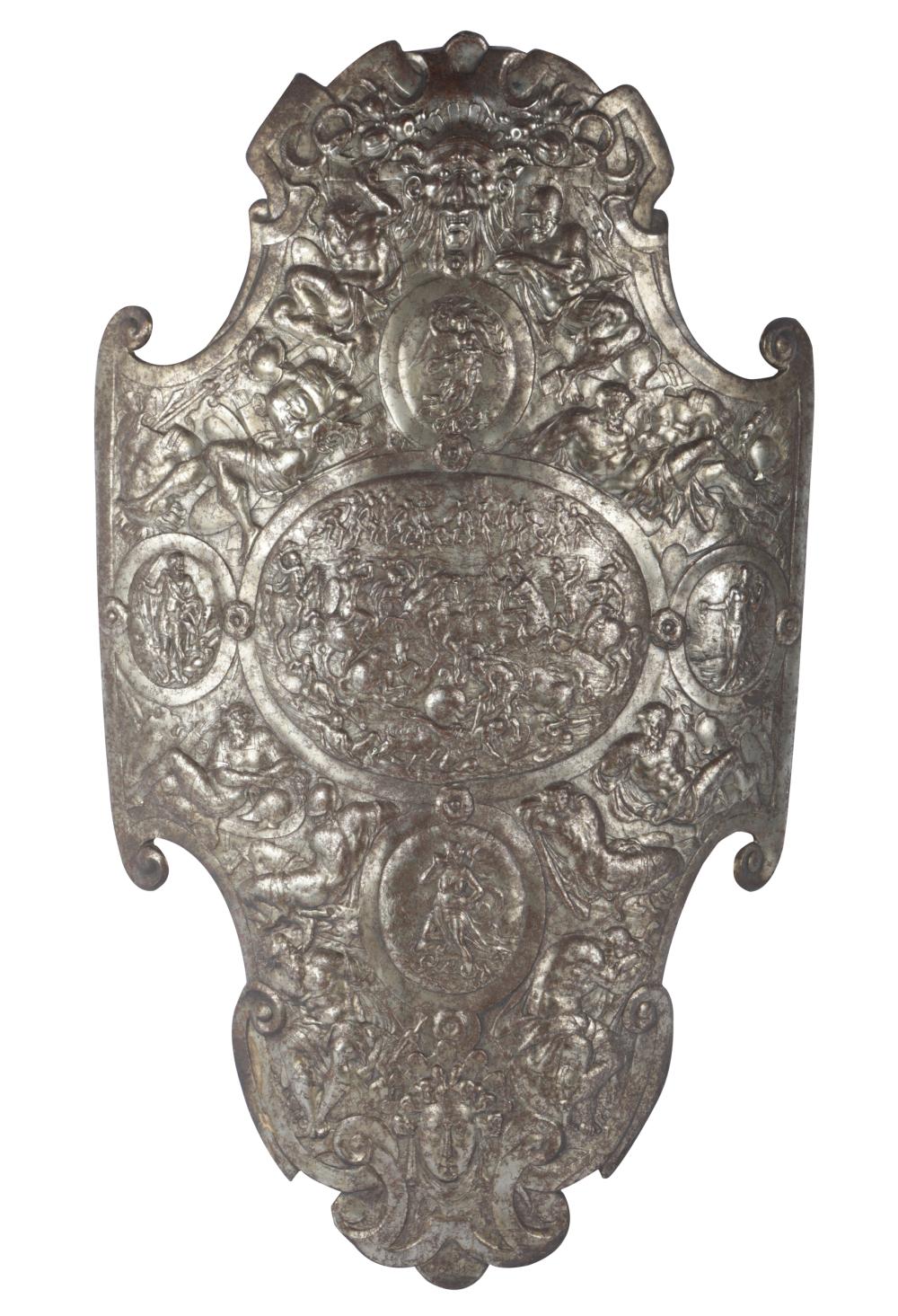 Appraisal: CONTINENTAL SILVERED BRONZE SHIELDfoundry mark verso Provenance The Estate of