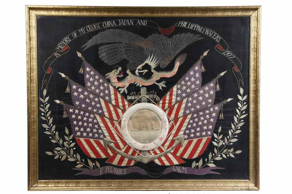 Appraisal: USN JAPANESE EMBROIDERED MEMORIAL - 'In Memory of My Cruise