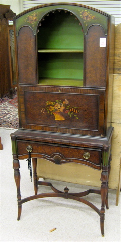 Appraisal: PAINT DECORATED MAHOGANY AND BURL WALNUT WRITING DESK ON STAND