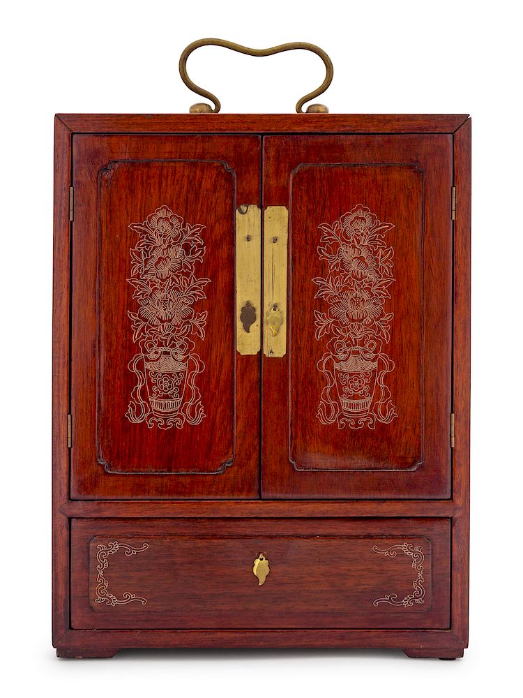 Appraisal: A Small Chinese Silver-Inlaid Rosewood Cabinet Height in cm A