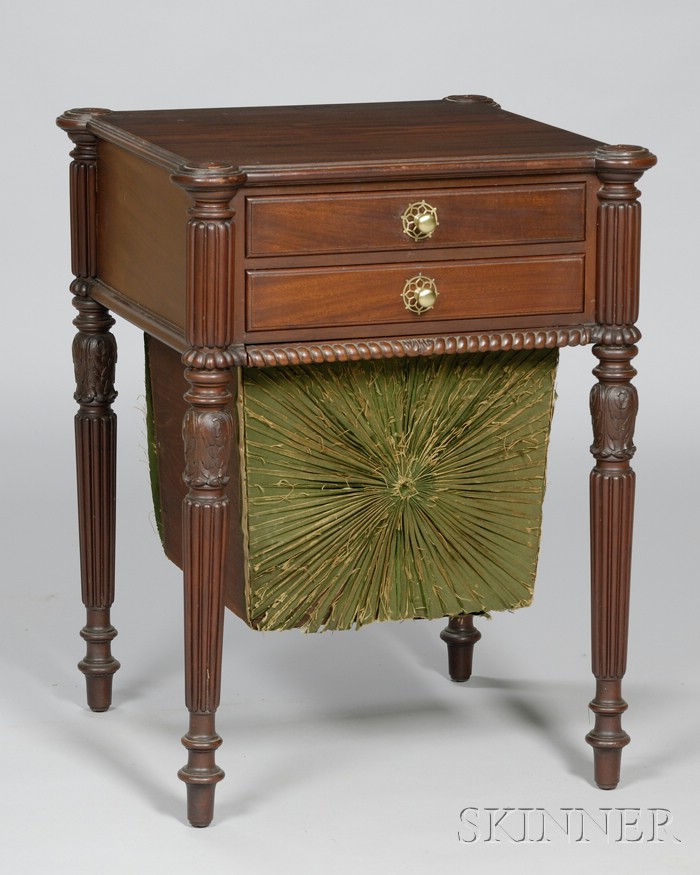 Appraisal: Irving Casson Classical-style Carved Mahogany Two-Drawer Sewing Stand with paper