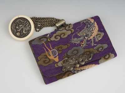 Appraisal: A Japanese Tobacco Pouch with Kagamibuta Netsuke Toggle Rectangular tobacco