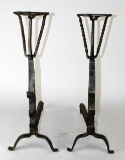 Appraisal: Pair French hand forged iron andirons A pair of early