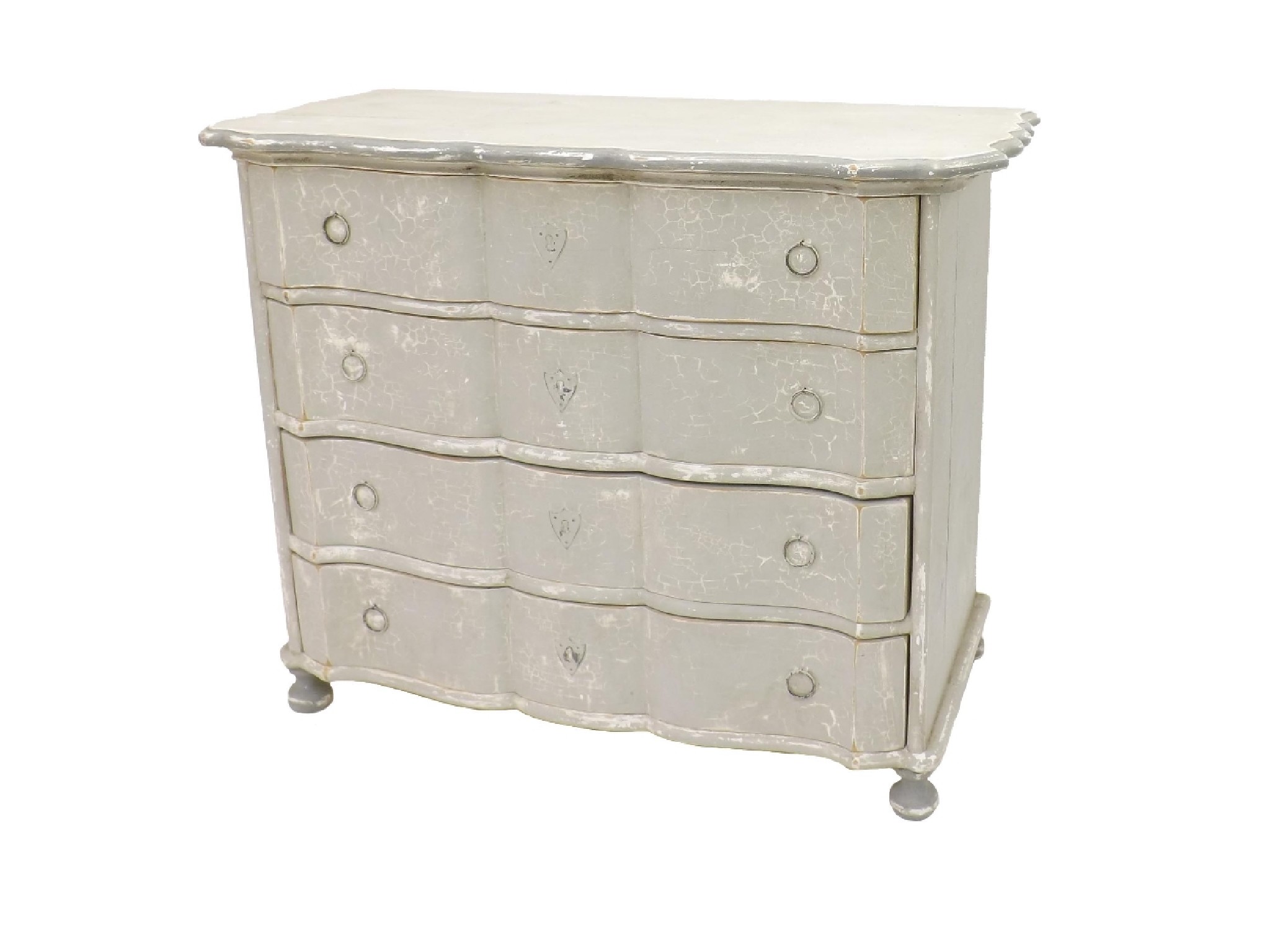 Appraisal: Painted and distressed serpentine chest of drawers in the French