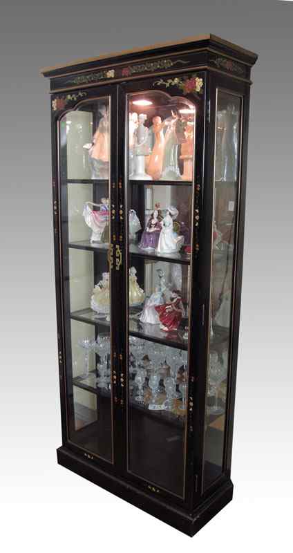 Appraisal: CHINOISERIE CHINA CABINET Lighted interior beveled glass doors and sides