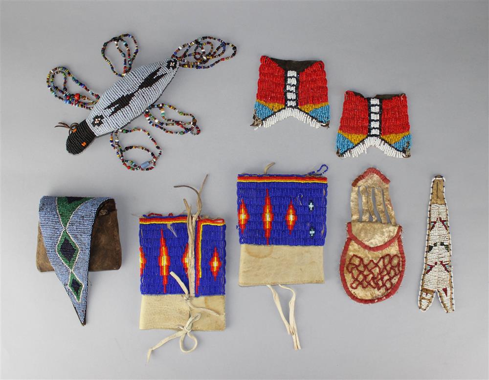 Appraisal: NATIVE AMERICAN BEADED HIDE LOT includes puzzle pouch neck tab