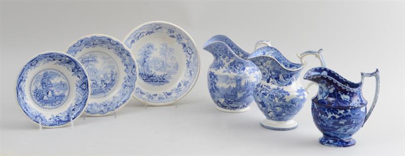 Appraisal: THREE STAFFORDSHIRE BLUE TRANSFER-PRINTED PITCHERS AND THREE BOWLS Comprising Davenport