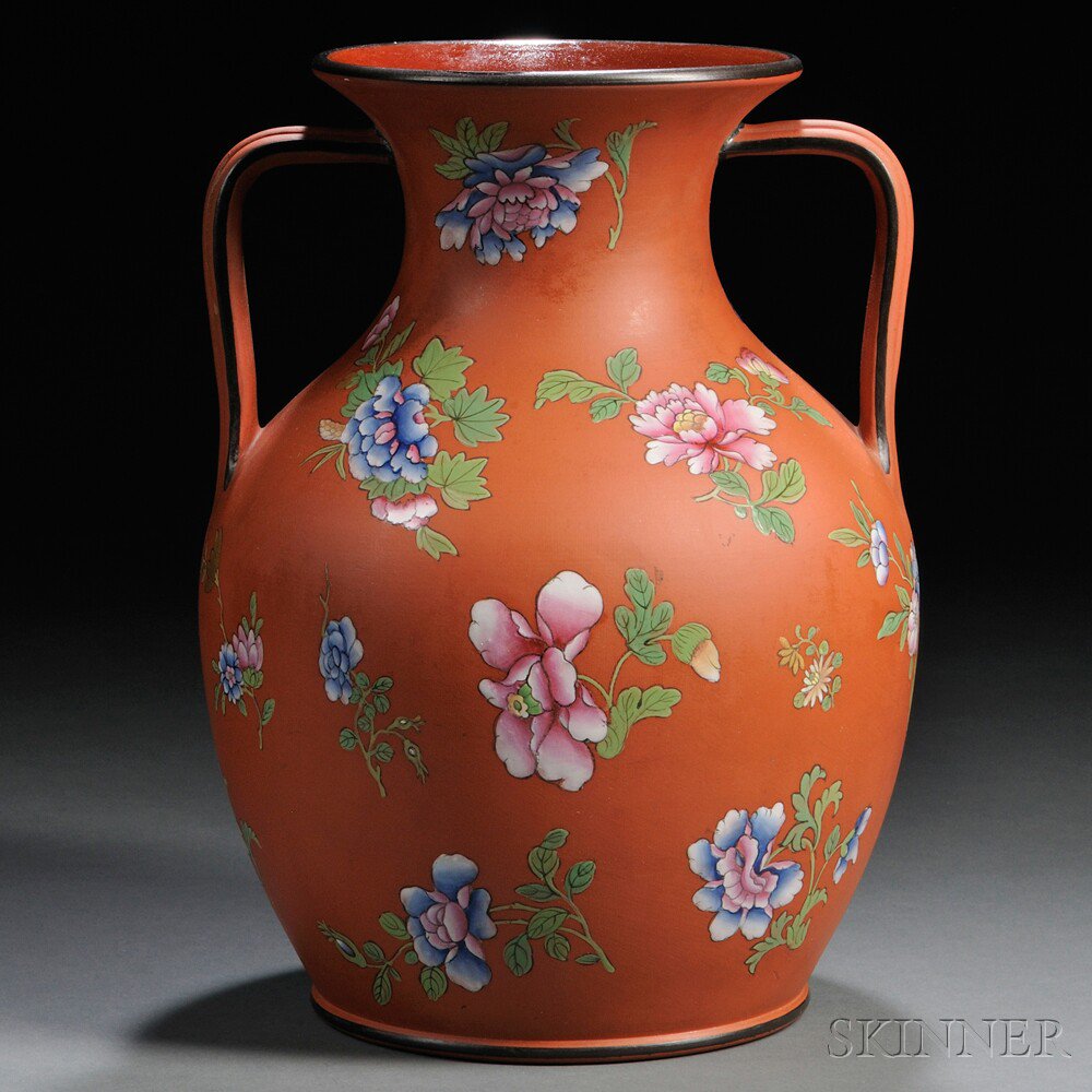 Appraisal: Wedgwood Enameled Rosso Antico Vase England mid- th century Portland