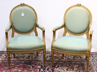 Appraisal: Pair of Louis XVI style giltwood fauteuils Pair of Louis