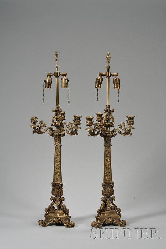 Appraisal: Pair of Empire-style Cast Bronze Three-Light Candelabra Table Lamps candelabra