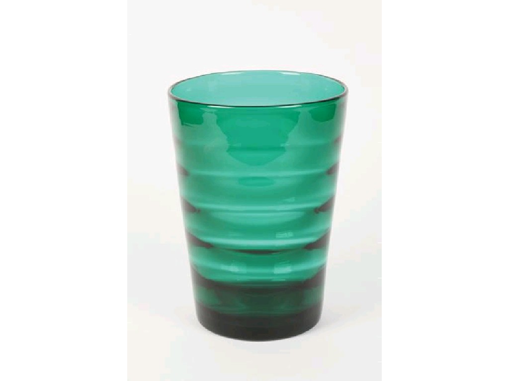 Appraisal: WHITEFRIARS A GREEN GLASS OPTICAL VASE with horizontal ribbed decoration