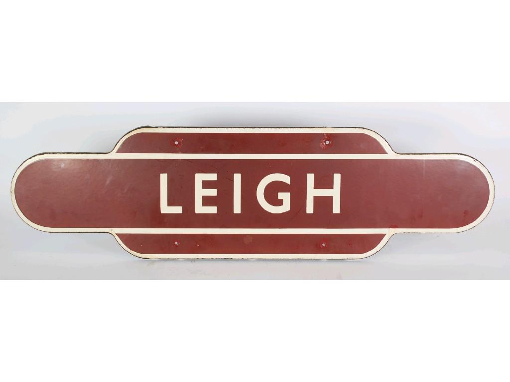 Appraisal: BRITISH RAIL MAROON AND CREAM ENAMEL STATION SIGN 'LEIGH' Lancashire