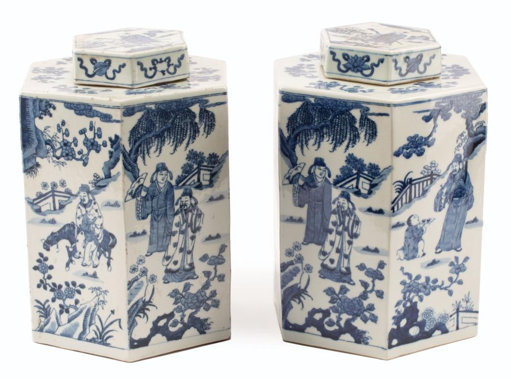 Appraisal: Decorative Pair of Chinese Blue and White Porcelain Hexagonal Covered