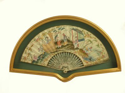 Appraisal: A fan c with paper leaf painted with Chinoiserie scenes