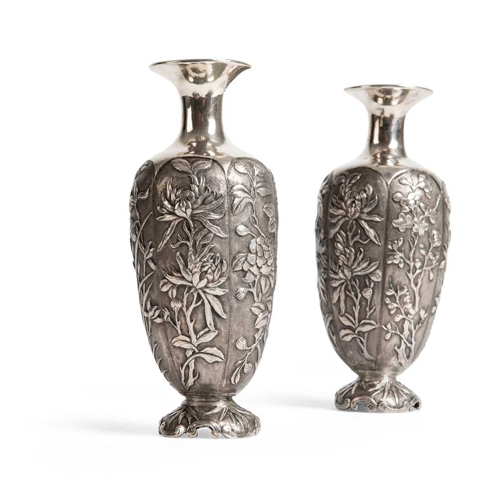 Appraisal: PAIR OF CHINESE EXPORT SILVER VASES QING DYNASTY C each