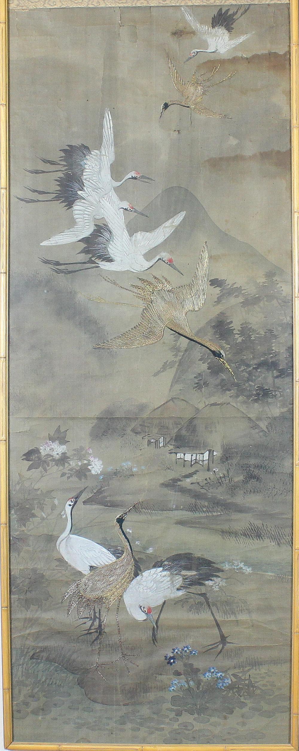 Appraisal: JAPANESE PAINTING AND EMBROIDERY ON SILK herons with huts in