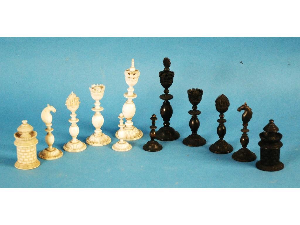 Appraisal: TWENTY NINE PIECE CARVED IVORY AND HORN PART CHESS SET