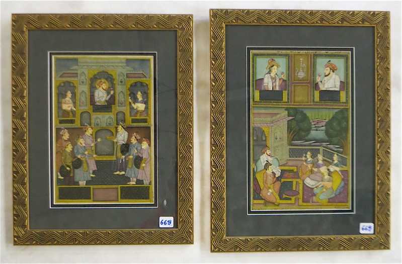 Appraisal: TWO MUGHUL SCHOOL GOUACHES ON PAPER palace scenes Images measure