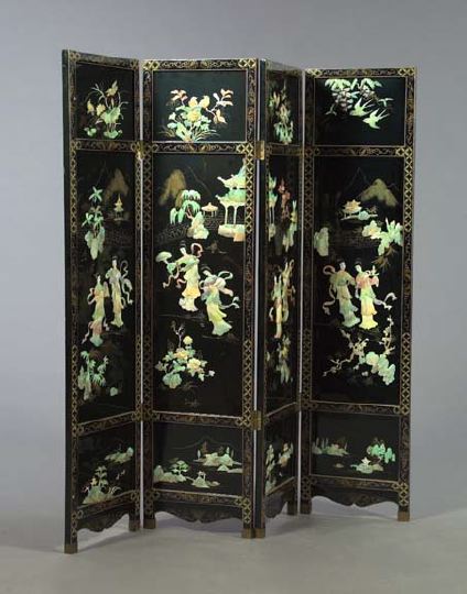 Appraisal: Chinese Four-Panel Parcel-Gilt Black Lacquer Screen each panel facade elaborately