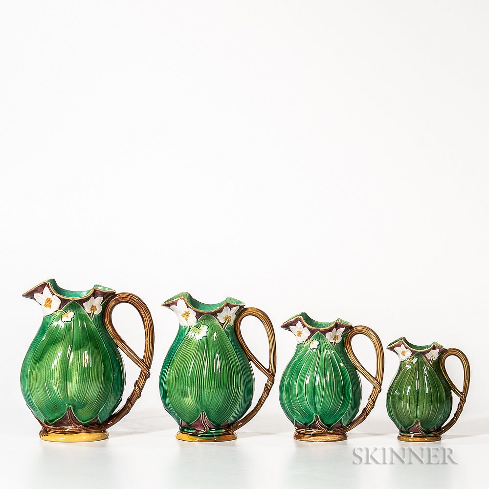 Appraisal: Four Graduated Mintons Majolica Leaf Jugs Four Graduated Mintons Majolica