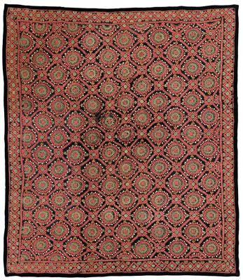 Appraisal: Embroidered wall hanging central field with repeating rows of red