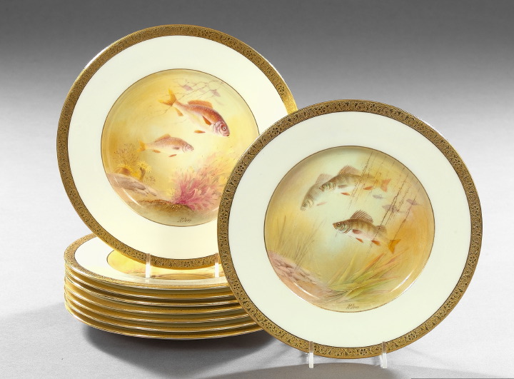 Appraisal: Good Set of Nine Minton's Polychromed Chased Gold Band Porcelain