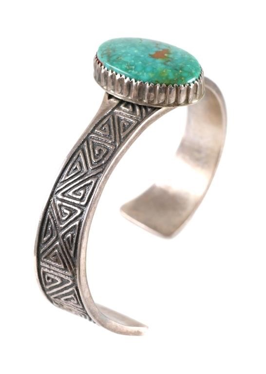 Appraisal: Sterling silver and turquoise cuff bracelet by master Navajo silversmith