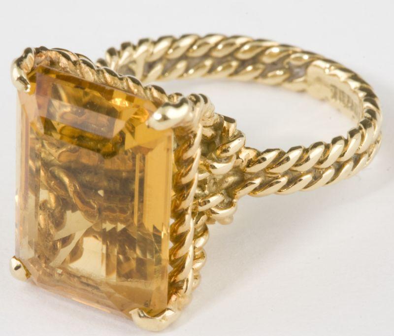 Appraisal: Gold and Citrine Ring by Tiffany Co centering upon rectangular