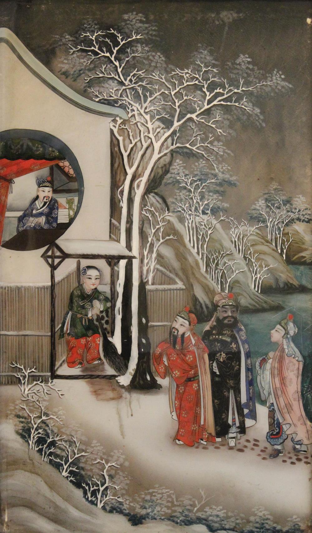 Appraisal: CHINESE REVERSE PAINTING ON GLASS OF A WINTER SCENE the