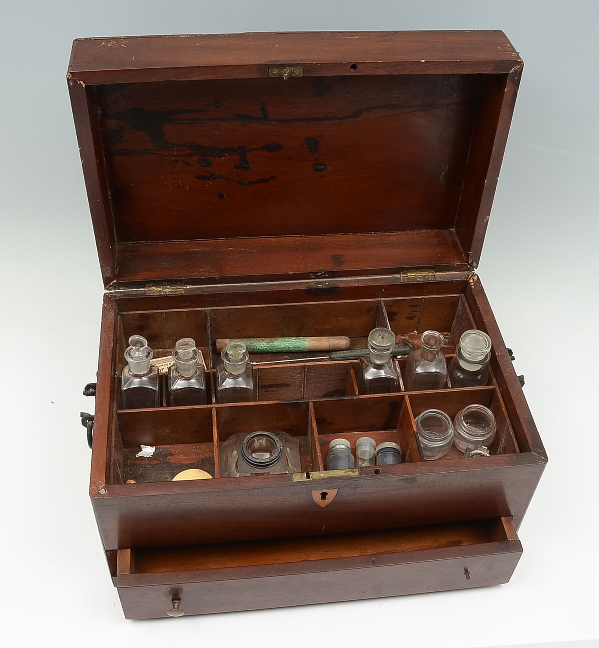 Appraisal: APOTHECARY BOX AND GLASS Apothecary box having a lid that