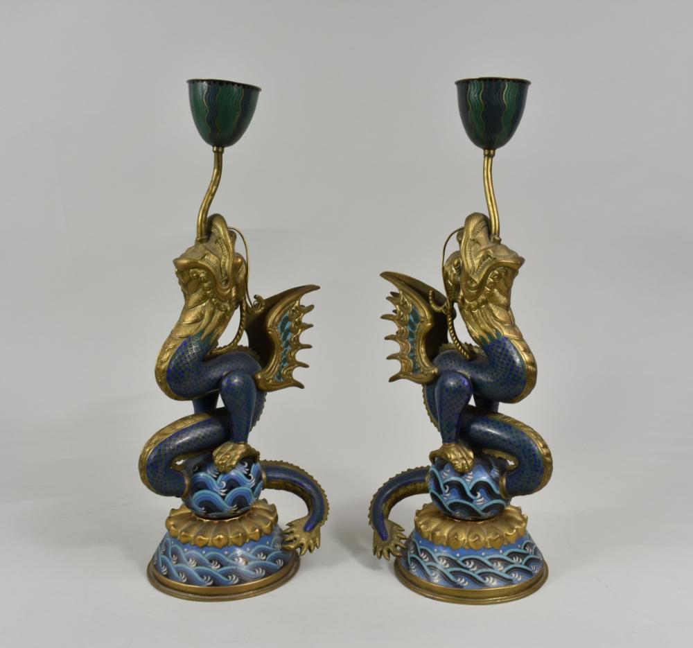 Appraisal: PR CHIN CLOISONNE DRAGON-FORM CANDLE HOLDERSThe underside of each with