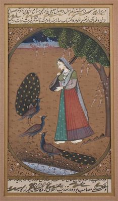 Appraisal: Indian School c A lady with a mandolin and peacocks