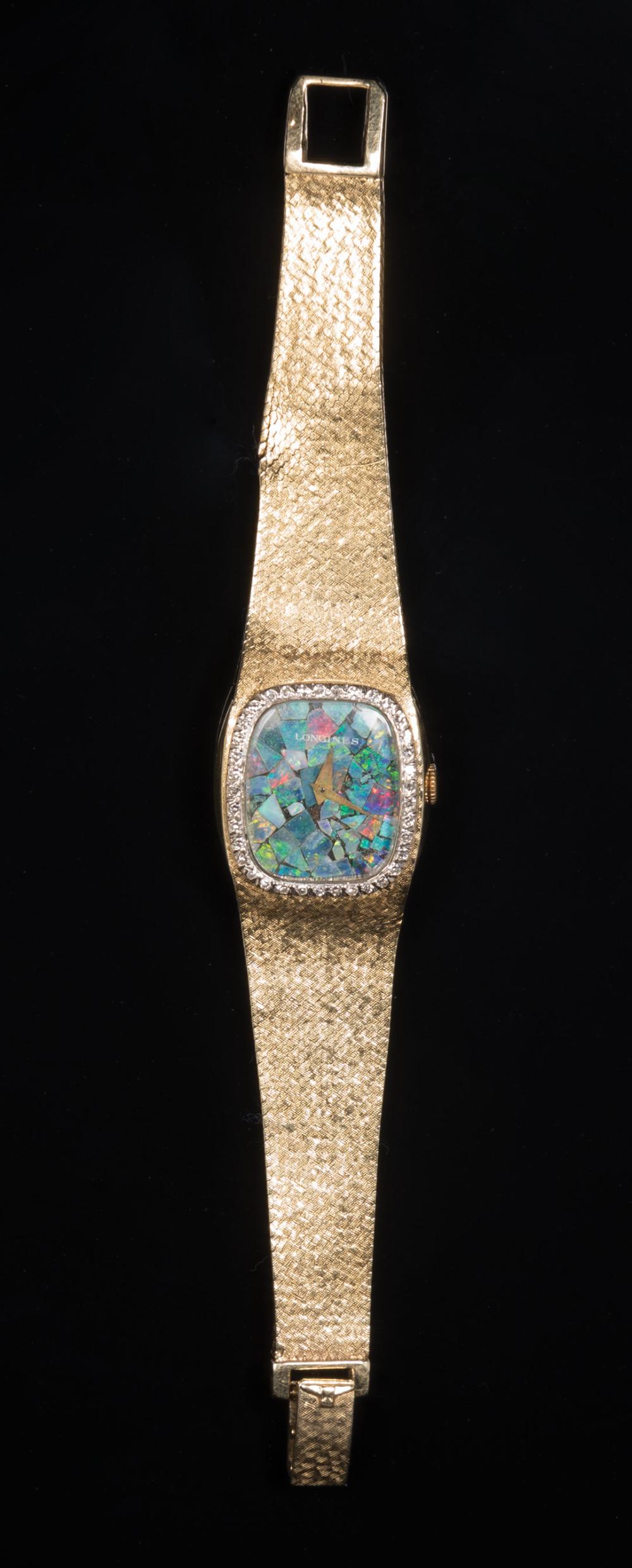 Appraisal: Longine kt Yellow Gold Mosaic Opal Dial and Diamond Bezel