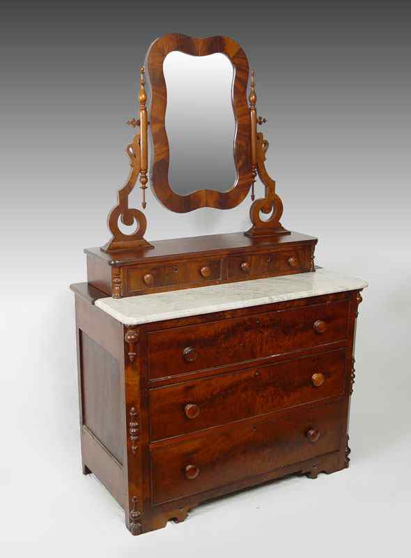 Appraisal: VICTORIAN MARBLE TOP DRESSER WITH MIRROR Drawer chest with half