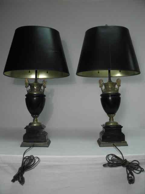 Appraisal: Pair gilt metal mounted black marble table lamps Urn shaped