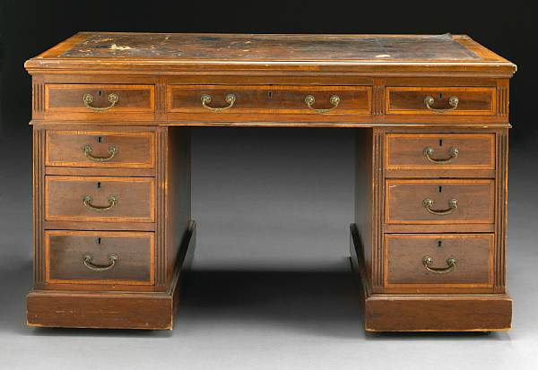 Appraisal: A late Victorian inlaid mahogany pedestal desk late th century