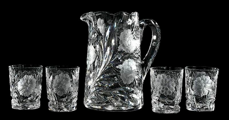 Appraisal: Cut Glass Hawkes Pitcher Four Tumblers Gravic Carnation pattern all