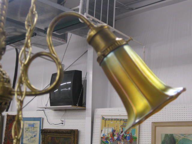 Appraisal: Antique Brass Hanging Light with Steuben shades this ornate fixture