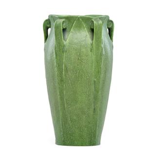 Appraisal: GRUEBY Rare vase with handle WILHELMINA POSTGRUEBYRare vase with leaves