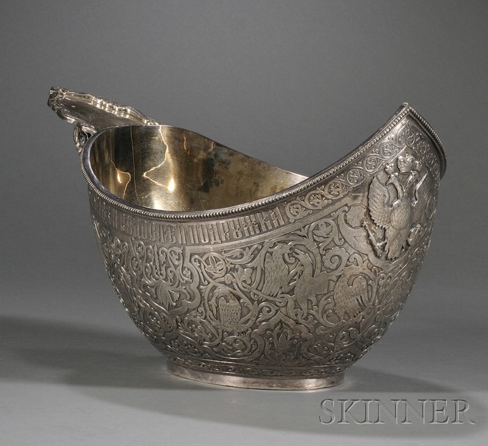 Appraisal: Monumental Russian Silver Replica Kovsh th century bearing spurious Ovchinnikov