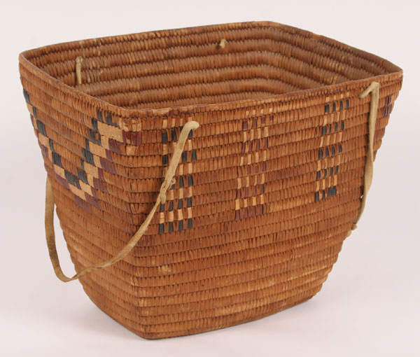 Appraisal: Northwest Coast Indian woven carrying basket tri-color geometrics hide handles