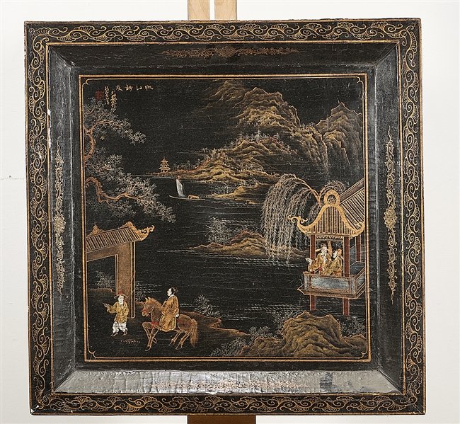 Appraisal: Chinese wood panel with painted scene of various figures in