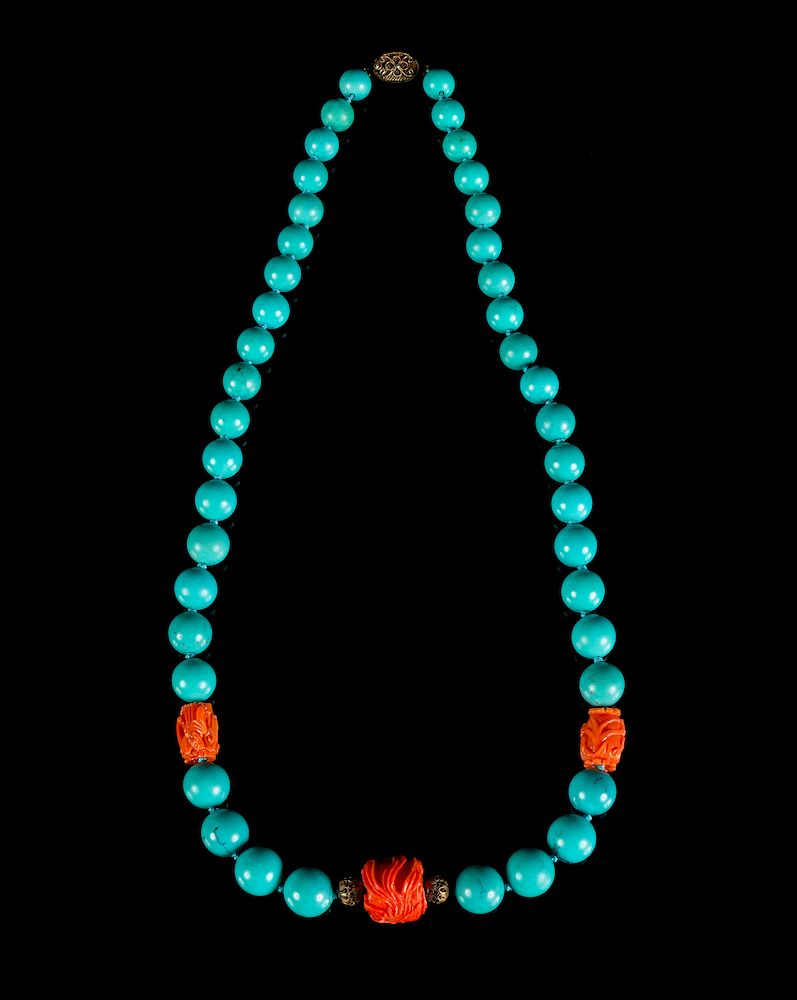 Appraisal: A Chinese Turquoise and Coral Beaded Necklace Length in cm