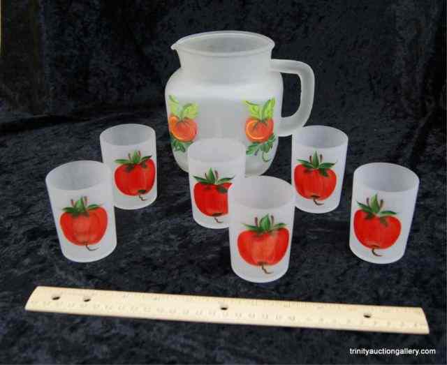 Appraisal: Vintage Frosted Glass Juice Pitcher Tumbler SetThis is a very