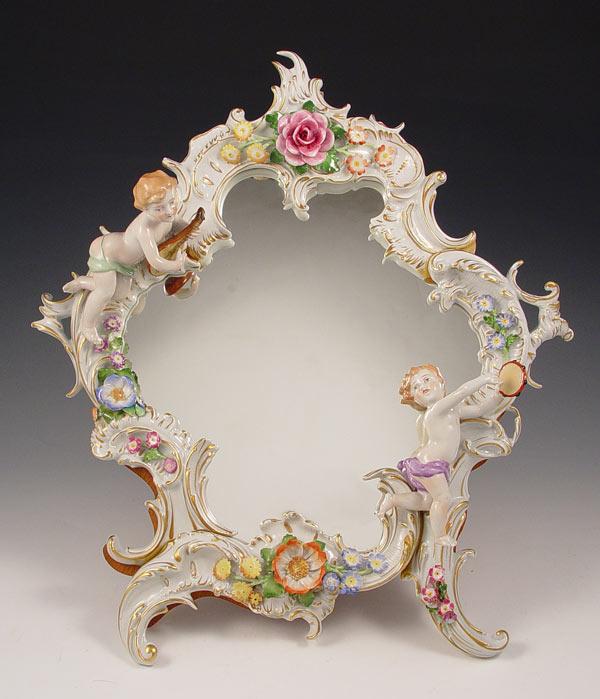 Appraisal: GERMAN PORCELAIN MIRROR Wood easel back mirror decorated with flowers