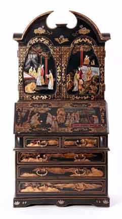 Appraisal: Miniature Chinoiserie-decorated secretary bookcase broken-arch pediment over paneled doors opening