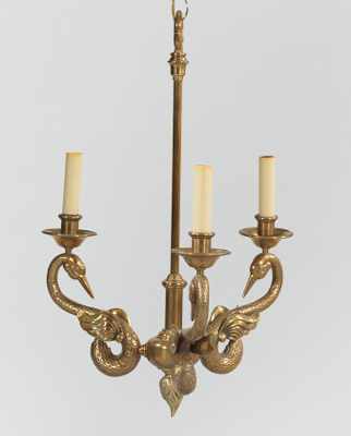 Appraisal: Cast Bronze Chandelier with Three Swans Mid-twentieth century chandelier with