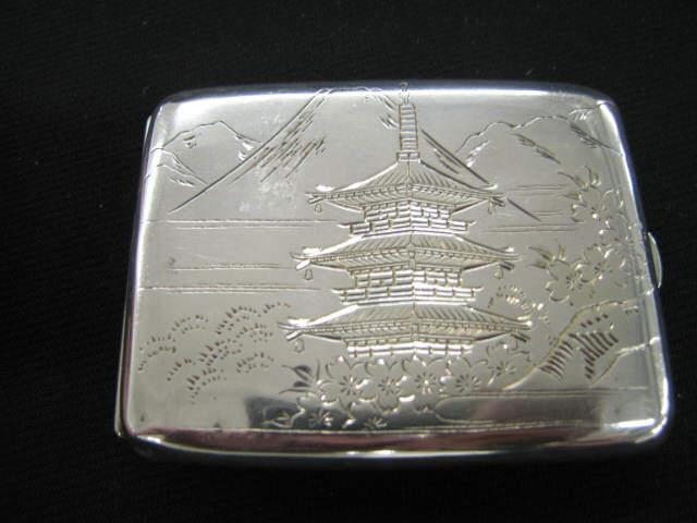 Appraisal: Japanese Sterling Silver Cigarette Case pagoda Mt Fuji scenes x