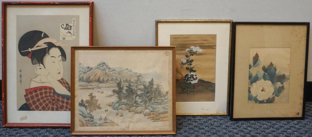 Appraisal: CHINESE AND JAPANESE SCHOOL FOUR WATERCOLORS AND REPRODUCTION WORKS EACH