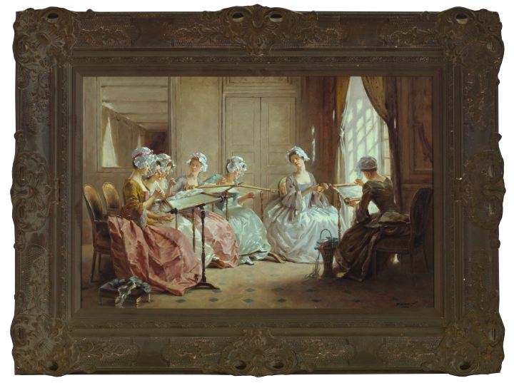 Appraisal: French School Ladies Needlepointing oil on canvas x signed indistinctly